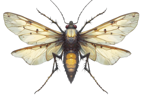 Detailed illustration of a unique insect showcasing intricate wing structure and body composition in a clean background