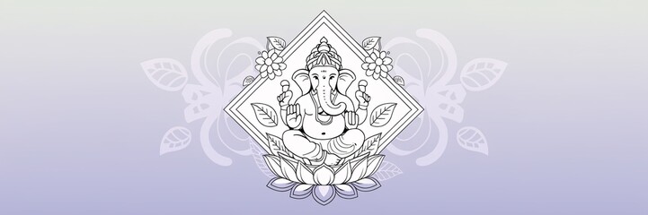 Ganesha in Monochrome with Geometric Patterns, Ganesha, Hindu deity, in ornate frame.