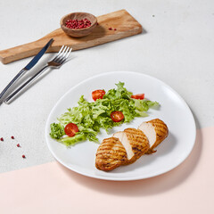 Grilled Chicken Fillet with Salad on Stylish Plate – Modern Food Photography