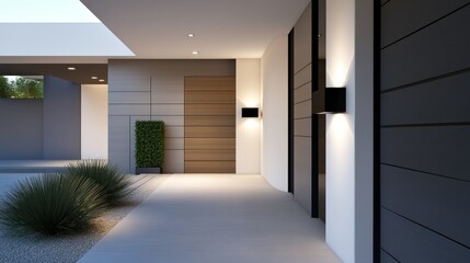 Modern entrance featuring sleek design and ambient lighting.