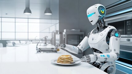 A robot serving pancakes in a modern kitchen.