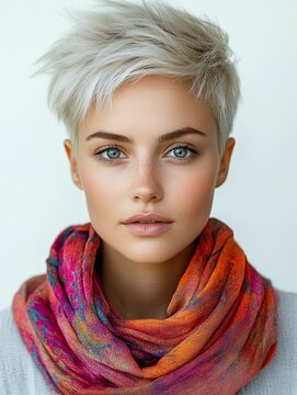Portrait of a stylish woman with a short pixie haircut, wearing a vibrant patterned scarf. Ideal for fashion blogs, magazines, and websites