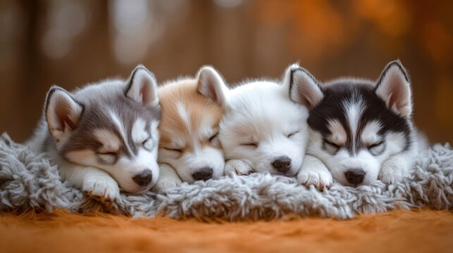 Four siberian husky puppies sleeping on blanket
