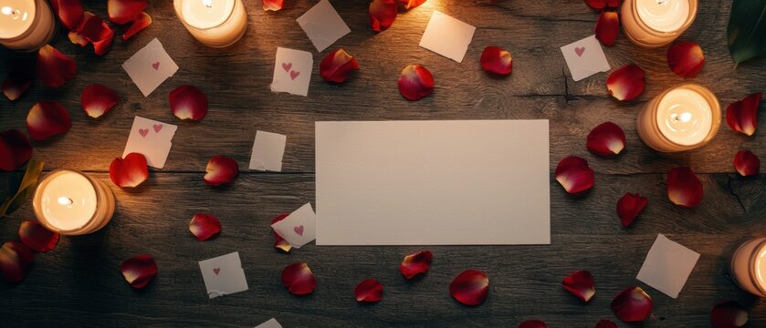 A romantic setting featuring candles, rose petals, and a blank card, perfect for love notes or special occasions.