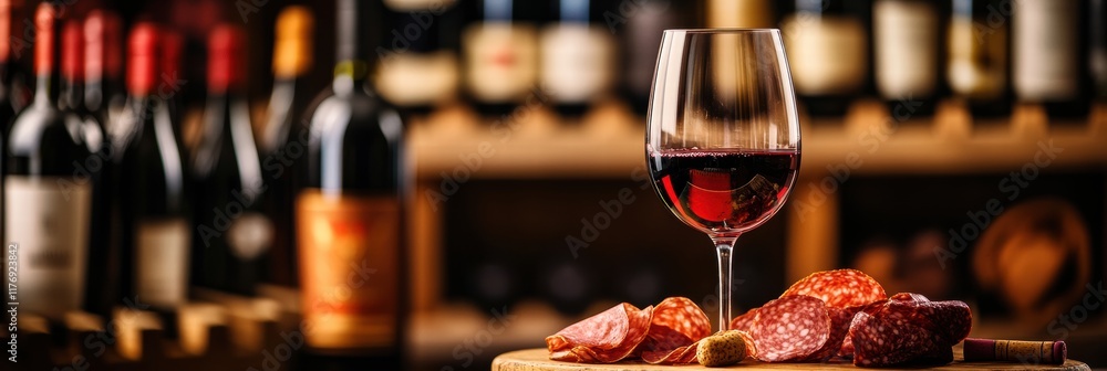 Poster elegant wine cellar featuring vintage bottles with a tasting table and a charcuterie board. generati