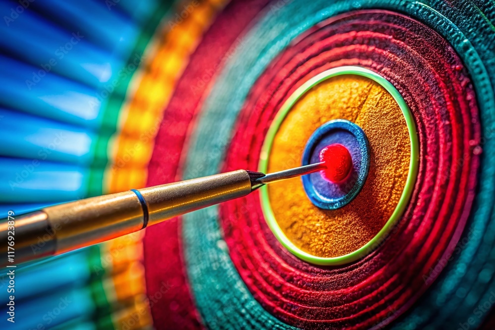 Poster macro close-up of arrow striking bullseye target - achievement concept