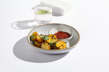 Rustic Oven-Baked Potatoes with Tomato Sauce in Minimalist Setting