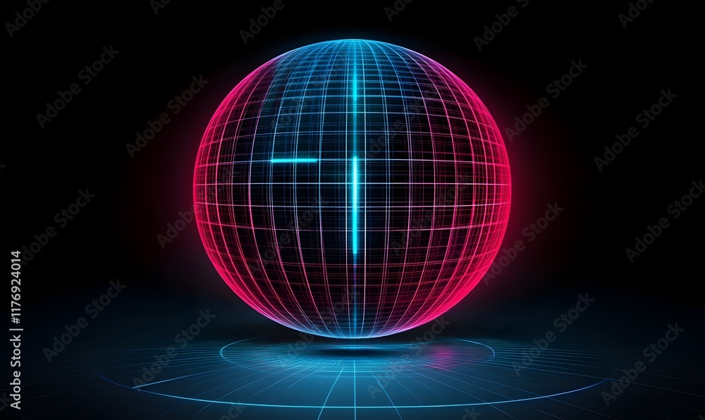 Poster glowing grid sphere with a plus sign on a dark background.