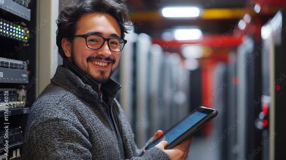 Aufkleber it specialist smiling and using tablet in server room