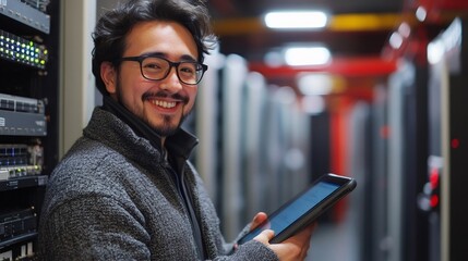 It specialist smiling and using tablet in server room