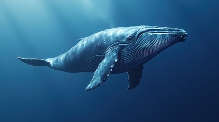 Fototapeta premium A majestic humpback whale glides gracefully through deep blue waters, illuminated by soft rays of sunlight.