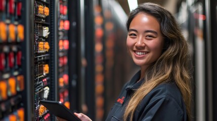 Technician smiling and holding tablet in server room