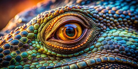 Naklejka premium Macro Close-up of Komodo Dragon Eye, Reptile Scales, Indonesian Lizard Detail