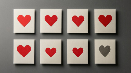 Simple Valentine&rsquo;s Day cards showcase bold heart designs in red and gray, grouped in a neat arrangement. Perfect for expressing love on this special holiday