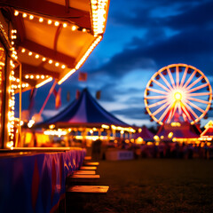 Obraz premium A vibrant carnival scene at night, featuring illuminated rides and colorful tents creating a festive atmosphere.