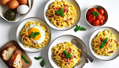 Traditional Italian Pasta Dishes with Fresh Basil, Eggs, and Cherry Tomatoes on a White Surface