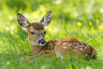 Baby roe deer (Capreolus capreolus) resting in grass on a sunny day in may. Netherlands