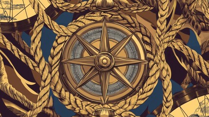 Vintage Nautical Compass Design with Intricate Rope Work; A Detailed Illustration of Exploration and Adventure