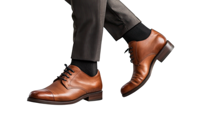 Stylish Brown Leather Oxford Shoes: A close-up shot showcasing elegant men's brown leather Oxford shoes, perfectly complementing grey trousers and black socks.