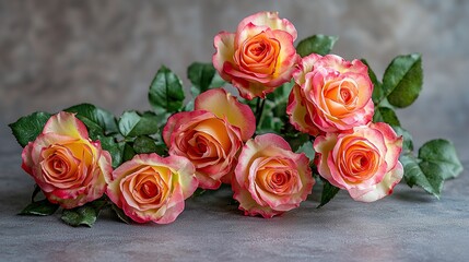 Naklejka premium Peach & pink roses bouquet on grey surface, textured backdrop.