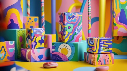 Abstract Colorful Cubes Composition: A vibrant and playful 3D rendering of stacked colorful cubes with abstract patterns, creating a dynamic and joyful visual experience.