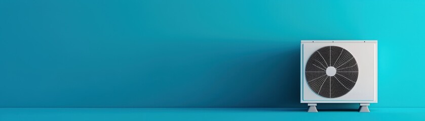 Contemporary HVAC unit placed against a tranquil blue backdrop symbolizing clean energy and innovative temperature control systems