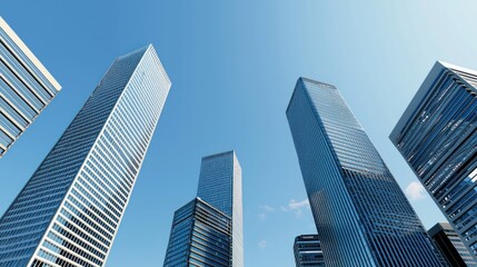 Skyscrapers reaching toward a clear blue sky.