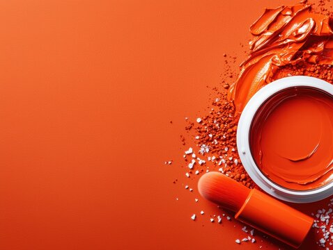 Creative flat lay of makeup essentials with vibrant colors and textures perfect for promoting beauty tutorials or cosmetic collections