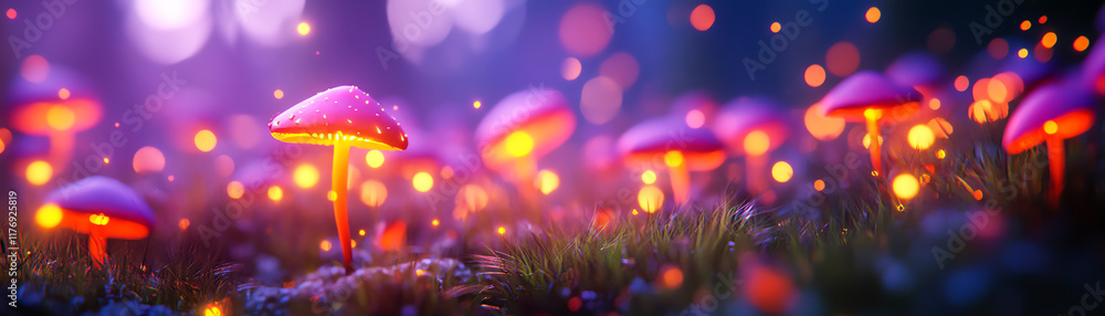 Aufkleber a vibrant display of glowing mushrooms illuminated by gentle light, creating a whimsical forest atmo