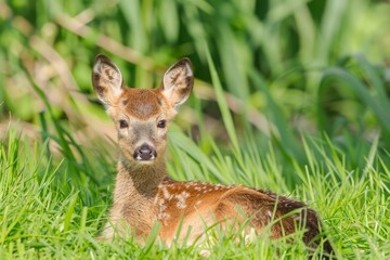 Baby roe deer (Capreolus capreolus) resting in grass on a sunny day in may. Netherlands