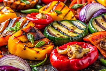 Macro Photography of Grilled Vegetables: Close-up Shot of Colorful Charred Peppers, Zucchini, and Onions
