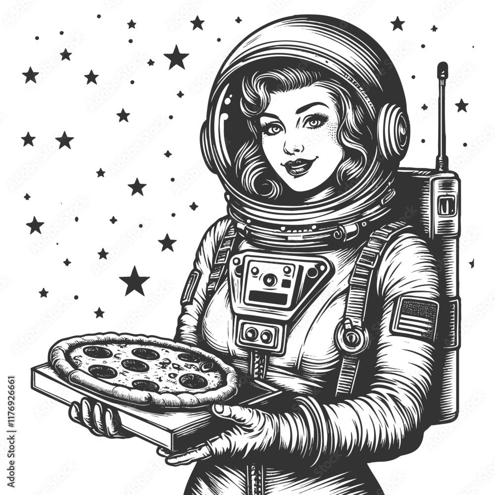 Poster astronaut with slice of pepperoni pizza in space, surrounded by stars in a retro style sketch engrav