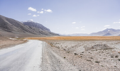 Asphalt road of the Pamir Highway in the valley of the Tien Shan Mountains in Tajikistan in the Pamirs, landscape in the high desert mountains for background, the road goes into the distance
