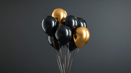 A cluster of black and gold balloons stands elegantly against a dark backdrop. The shiny balloons are tied together, perfect for a celebration or party decoration