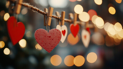 Hanging above a vibrant backdrop, colorful Valentine's Day cards shaped like hearts sway gently on a clothesline, celebrating love and affection in the air