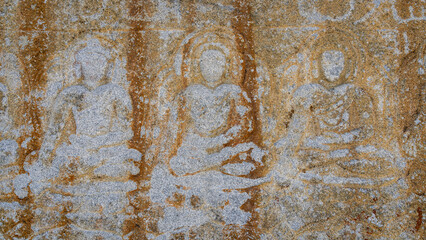 Detail view of ancient buddha rock carving on historic silk road, Manthal village, Skardu, Gilgit-Baltistan, Pakistan