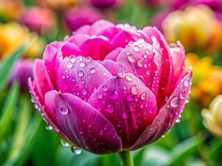 Fototapeta premium Macro Pink Peony Tulip with Rain Drops, Spring Flowers Background