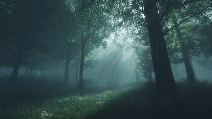 Misty forest with morning light foggy woods scene, landscape