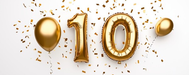 Golden foil balloons forming the number 10 surrounded by falling confetti and streamers, perfect for anniversaries and milestone celebrations