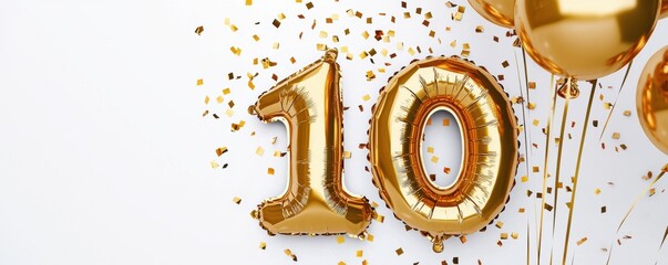 Golden foil balloons forming the number 10 surrounded by falling confetti and streamers, perfect for anniversaries and milestone celebrations