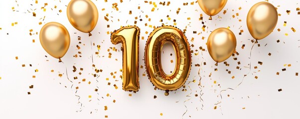 Golden foil balloons forming the number 10 surrounded by falling confetti and streamers, perfect for anniversaries and milestone celebrations