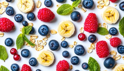 Healthy breakfast ingredients oats berries and banana slices scattered on a bright white background vibrant and fresh layout for food visuals