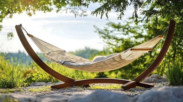 A folding hammock stand with a sturdy yet elegant design