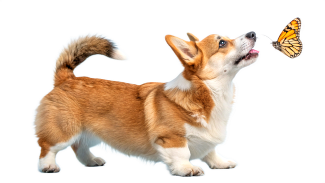 A playful cartoon of an adorable Pembroke Welsh Corgi interacting with a butterfly on a transparent background
