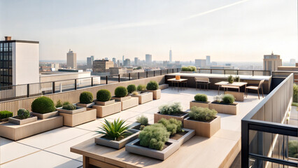 Fototapeta premium Minimal rooftop garden with plants and urban view.