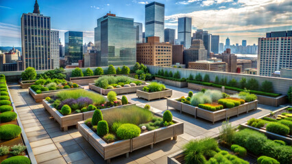 Fototapeta premium Rooftop garden with greenery and urban skyline view.