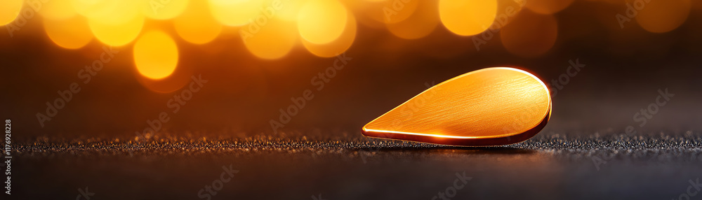 Poster a vibrant orange spoon resting on a dark surface, illuminated by warm bokeh lights in the background