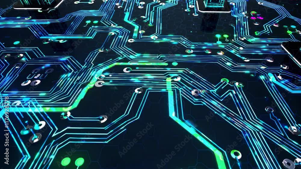Poster Exploring intricate circuit patterns with vibrant colors and dynamic designs in a high-tech setting
