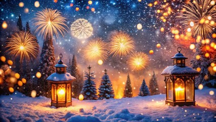 Obraz premium Magical Festive Snowfall Night: Lanterns & Fireworks Bokeh