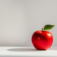 A vibrant red apple with a fresh green leaf, beautifully lit against a minimalist background.